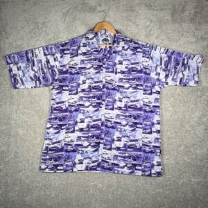 Y2K Southpole Mens Button Up Shirt Racing Cars Purple Print Short Sleeve Size XL